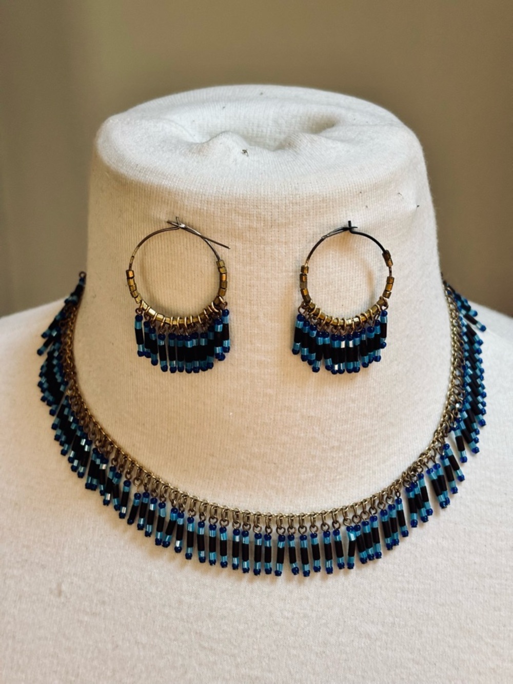 Lee Angel Blue and Brown Fringe Necklace and Hoop Earring Set-Unworn
